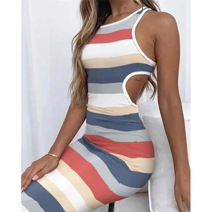 Kadın Kolsuz Bel Dekolte Detay şerit Desenli Pegasus Kumaş Elbise