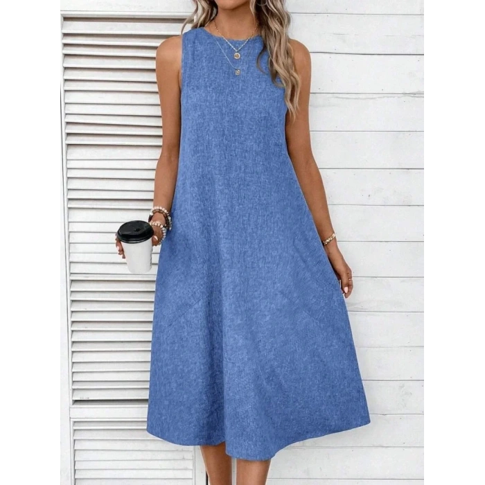 Kadın Kolsuz Bisiklet Yaka Cepli Midi Keten Elbise