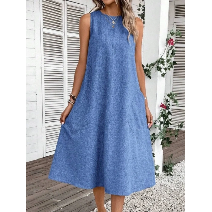 Kadın Kolsuz Bisiklet Yaka Cepli Midi Keten Elbise