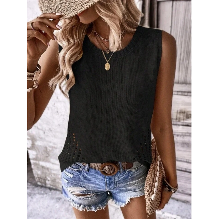 Kadın Kolsuz Bisiklet Yakayanları Ajur Detay Triko Bluz