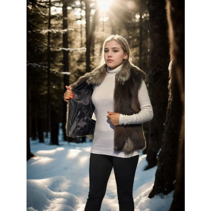 Kadın Kolsuz Fermuarlı Yelek - Kahve