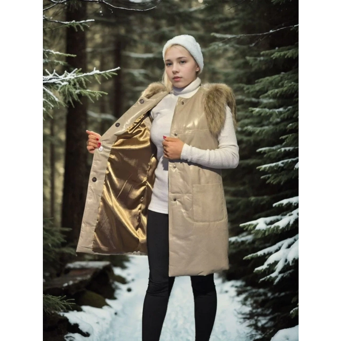 Kadın Kolsuz Hakiki Deri Kürk - Krem