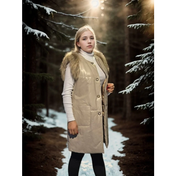 Kadın Kolsuz Hakiki Deri Kürk - Krem