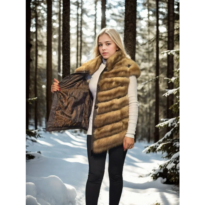 Kadın Kolsuz Hakiki Kürk - Kahve