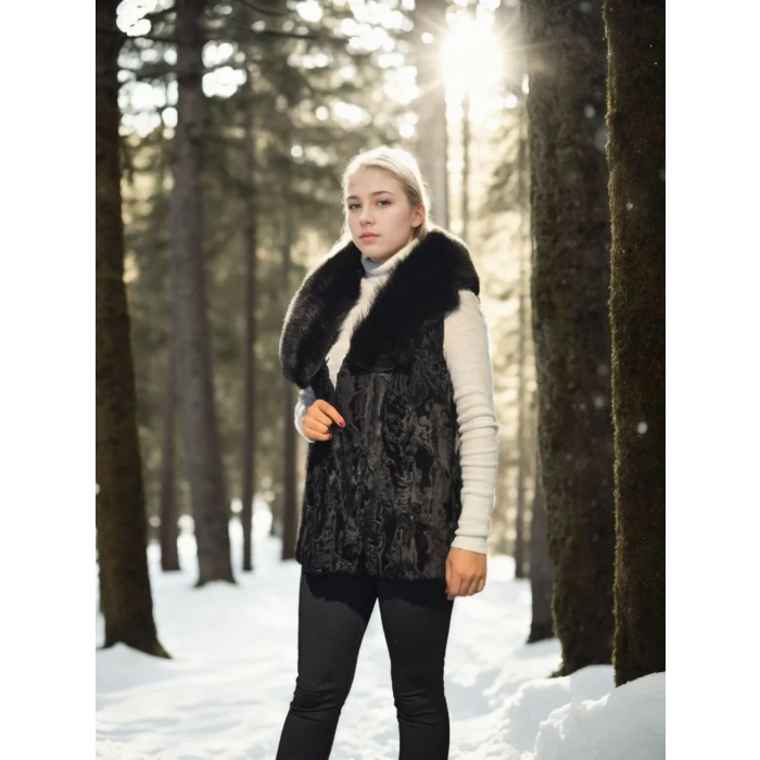 Kadın Kolsuz Hakiki Kürk - Siyah