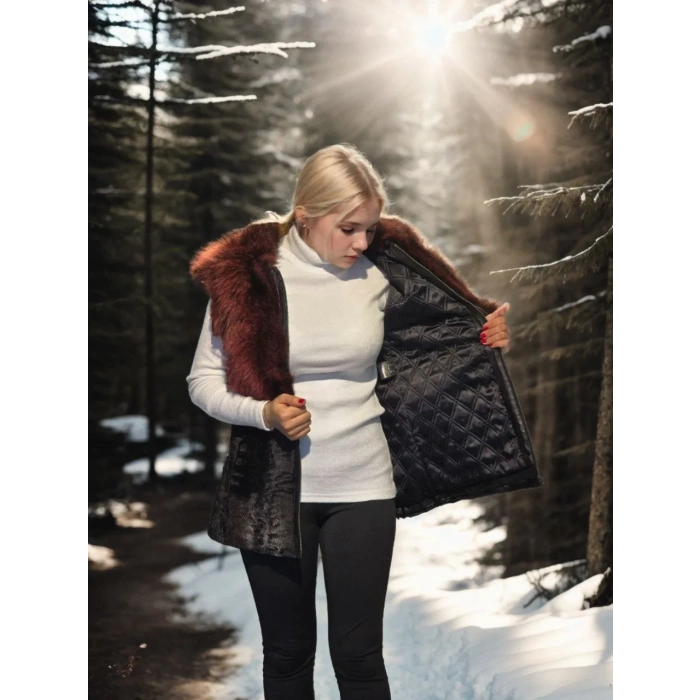 Kadın Kolsuz Hakiki Kürk - Siyah