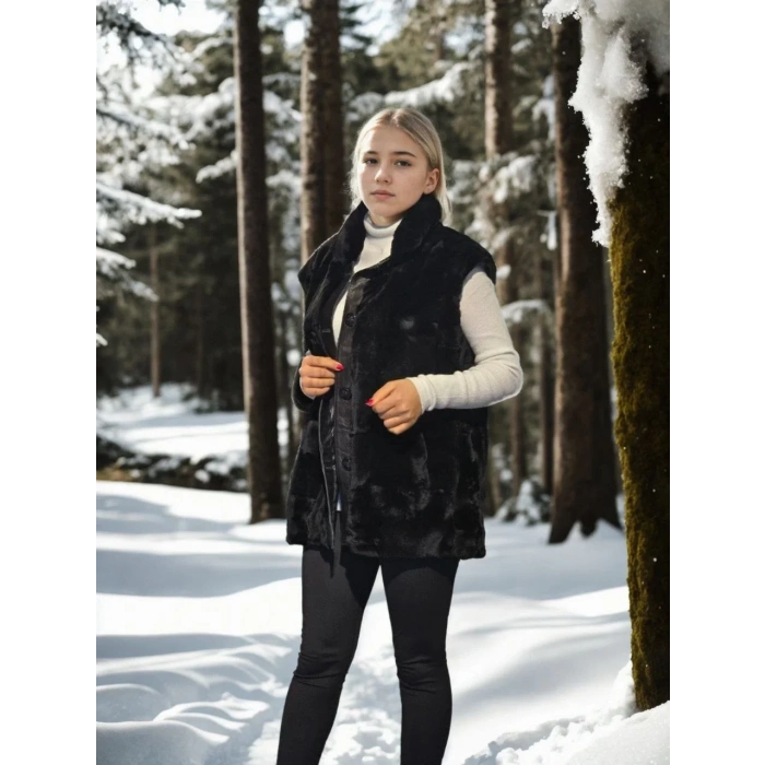 Kadın Kolsuz Hakiki Yelek - Siyah