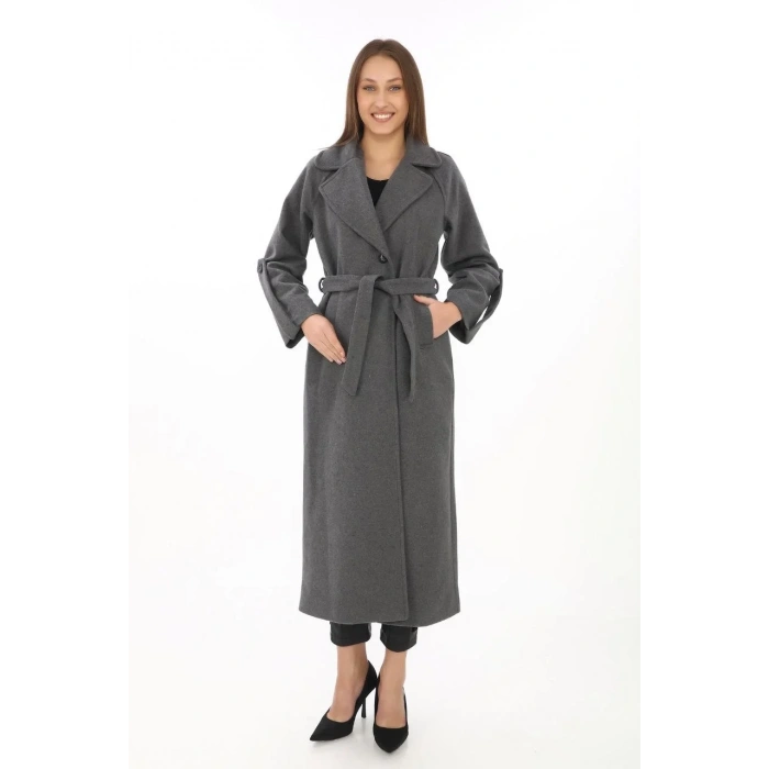 Kadın Kolu Apoletli Astarlı Kaşmir Kaşe Kaban - Füme