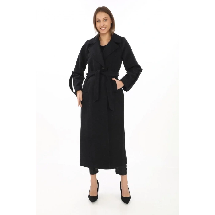 Kadın Kolu Apoletli Astarlı Kaşmir Kaşe Kaban - Siyah