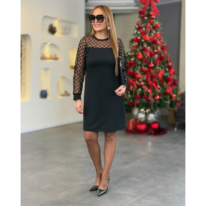 Kadın Krep Kumaş Flok Detaylı Elbise