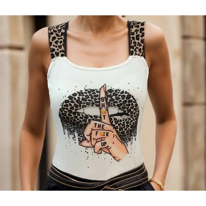 Kadın Leopar Askılı Leopar Baskılı Mikro Kumaş Bluz