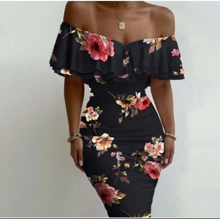 Kadın Madonna Yaka çiçek Baskılı Volan Detay Kalem Elbise