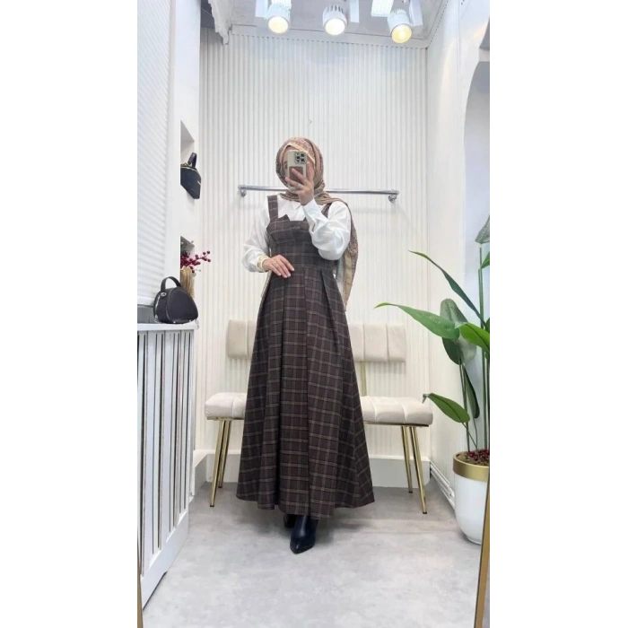 Kadın Omuz Askılı Full Ekose Detay Elbise