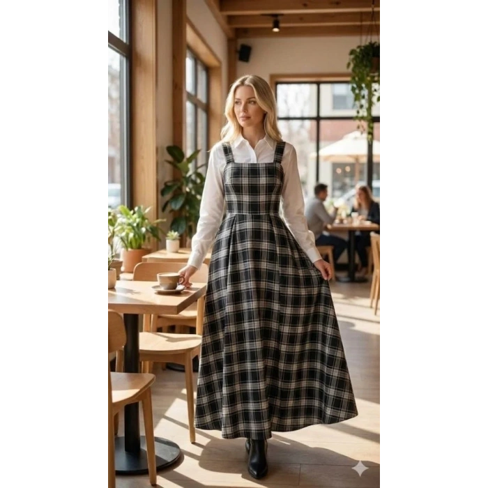 Kadın Omuz Askılı Full Ekose Detay Elbise