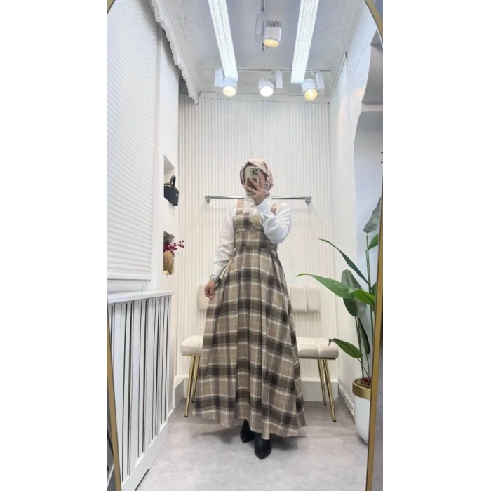 Kadın Omuz Askılı Full Ekose Detay Elbise