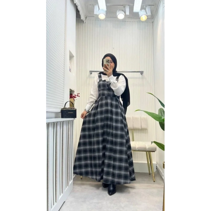 Kadın Omuz Askılı Full Ekose Detay Elbise