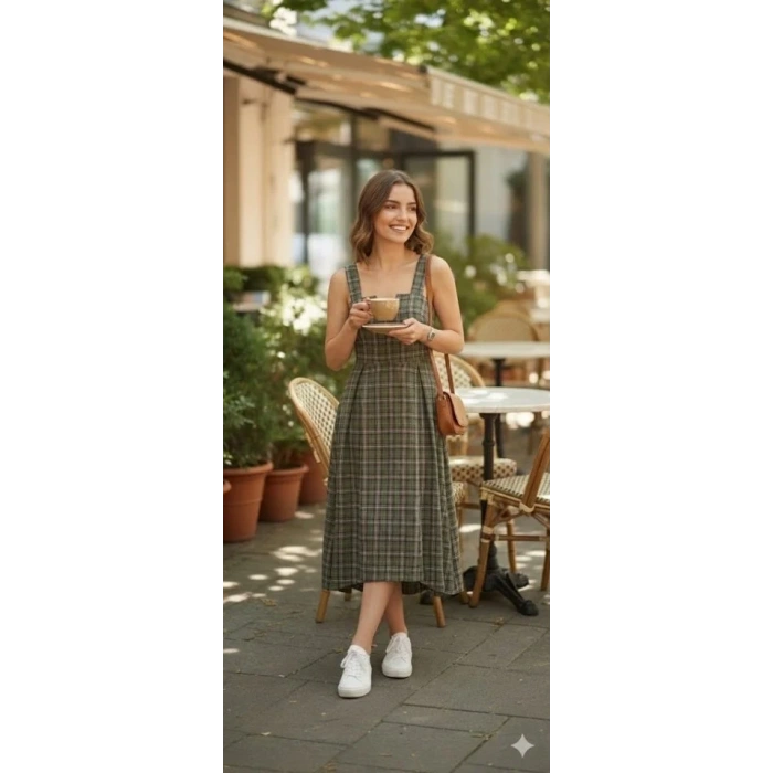 Kadın Omuz Askılı Full Ekose Detay Elbise