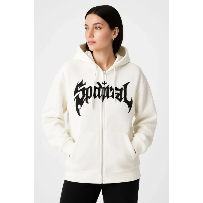 Kadın Kapüşonlu 3 İplik Şardonlu Önü Baskılı Fermuarlı Oversize Sweatshirt - Beyaz