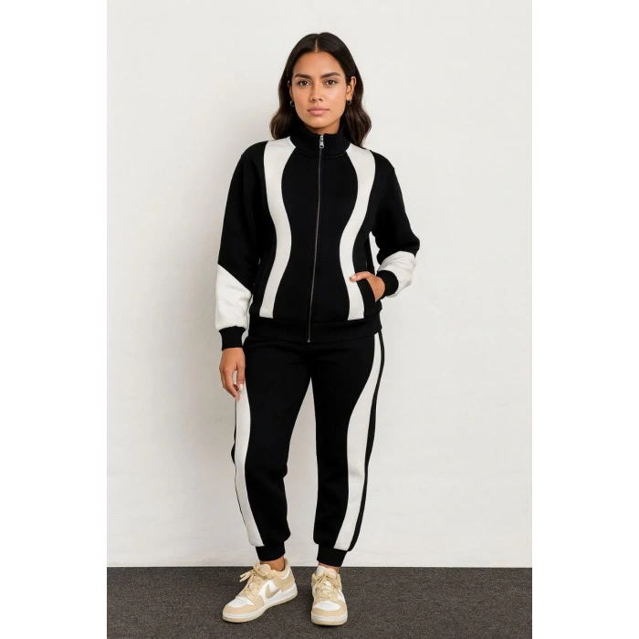 Kadın Premium Parçalı Eşofman Takım - Dik Yaka Fermuarlı Sweatshirt - Siyah