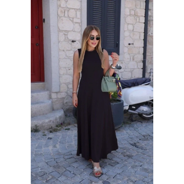 Kadın Sıfır Kollu Bisiklet Yaka Viskon Elbise