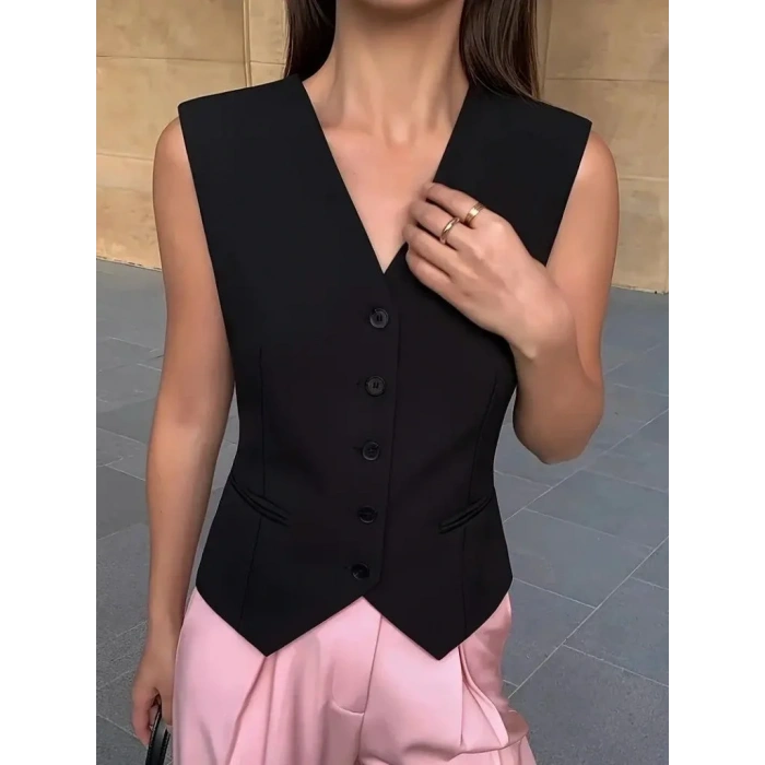 Kadın Sıfır Kollu önden Düğmeli Atlas Yelek