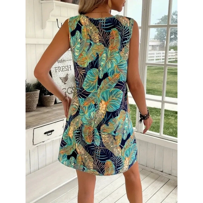 Kadın Sıfır Kollu Yuvarlak Yaka Desenli Süprem Elbise