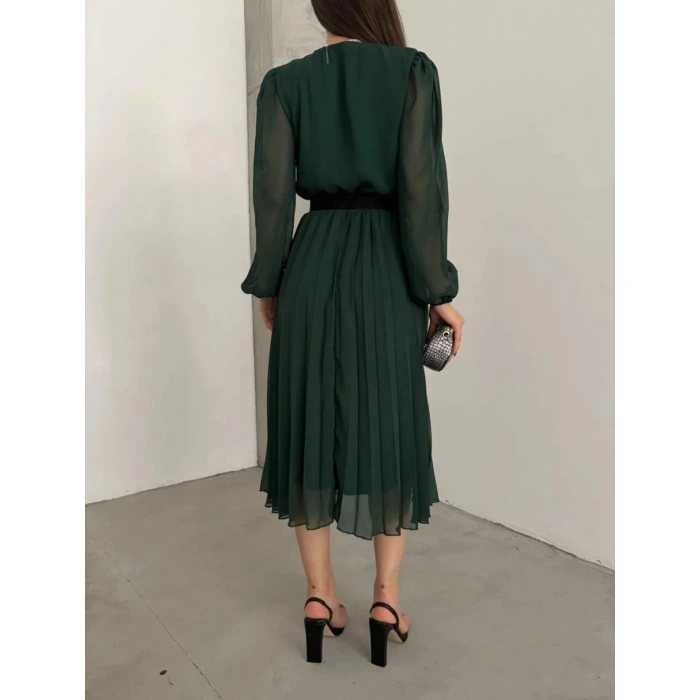 Kadın şifon Kumaş Astalı Kloş Kesim Kruvaze Yaka Midi Boy Elbise