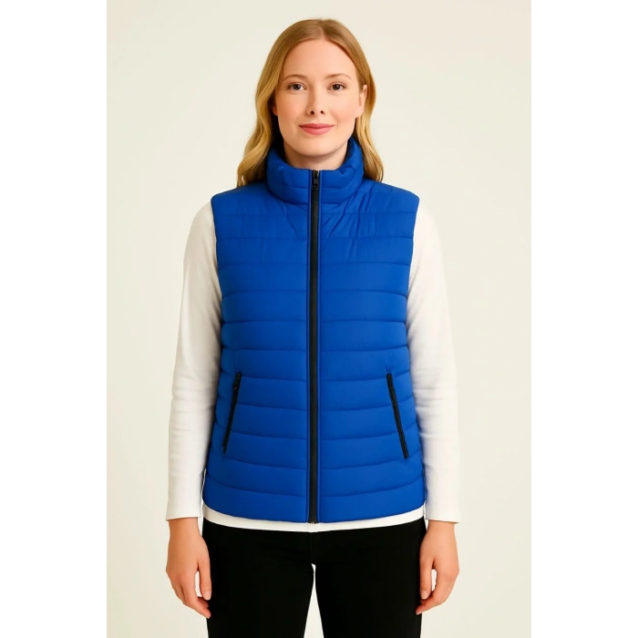 Kadın Şişme Fermuarlı Yelek Su itici Kapitone Astarlı Kumaş Cepli Hafif Kışlık Spor Rahat Kalıp - Saks Mavisi