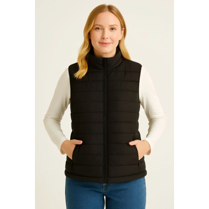 Kadın Şişme Fermuarlı Yelek Su itici Kapitone Astarlı Kumaş Cepli Hafif Kışlık Spor Rahat Kalıp - Siyah