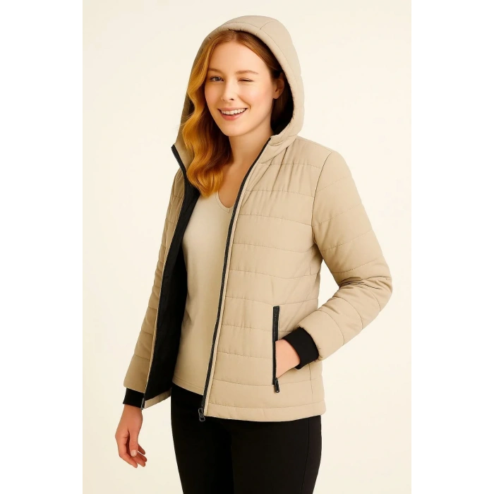 Kadın Şişme Kapüşonlu Fermuarlı Mont Su itici Kapitone Astarlı Kumaş Cepli Kışlık Rahat Kalıp - Bej