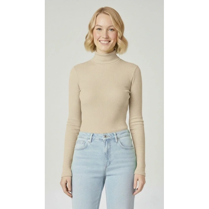 Kadın Tam Boğazlı Fitilli Likrali Kaşkorse Badi İnce Uzun Kollu Kazak - Bej