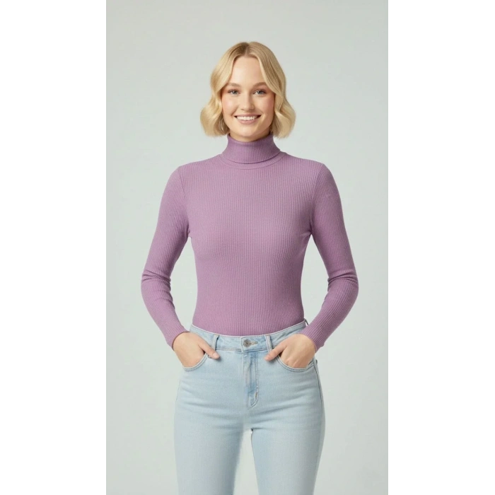 Kadın Tam Boğazlı Fitilli Likrali Kaşkorse Badi İnce Uzun Kollu Kazak - Mor