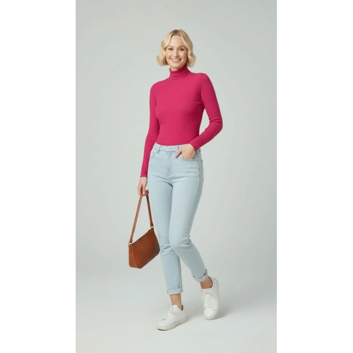 Kadın Tam Boğazlı Fitilli Likrali Kaşkorse Badi İnce Uzun Kollu Kazak - Pembe