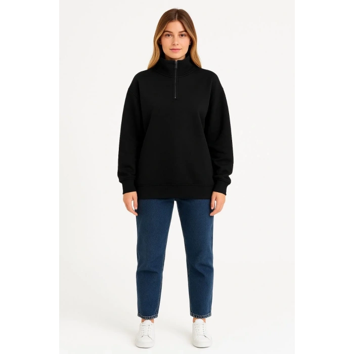 Kadın Üç İplik Dık Yaka Yarım Fermuarlı SweatShirt - Siyah