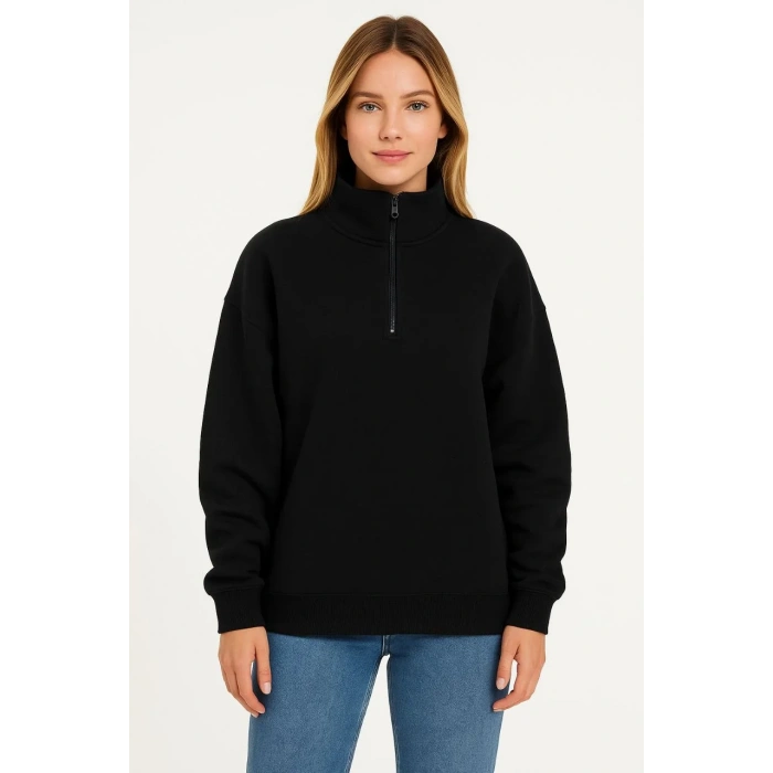 Kadın Üç İplik Dık Yaka Yarım Fermuarlı SweatShirt - Siyah