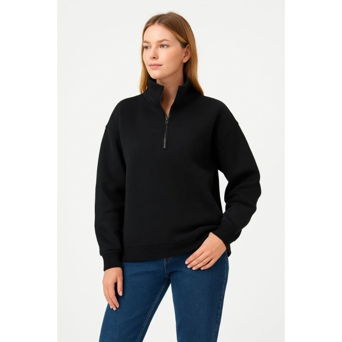 Kadın Üç İplik Dık Yaka Yarım Fermuarlı SweatShirt - Siyah