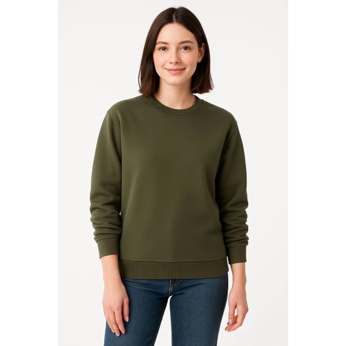 Kadın Üç İplik Düz Bisiklet Yaka SweatShirt - Haki