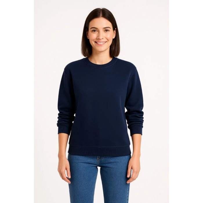 Kadın Üç İplik Düz Bisiklet Yaka SweatShirt - Lacivert