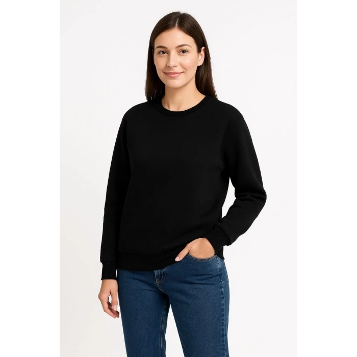 Kadın Üç İplik Düz Bisiklet Yaka SweatShirt - Siyah