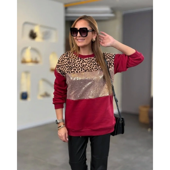 Kadın üç Iplik şardonlu Kumaş Leopar Desenli Bluz