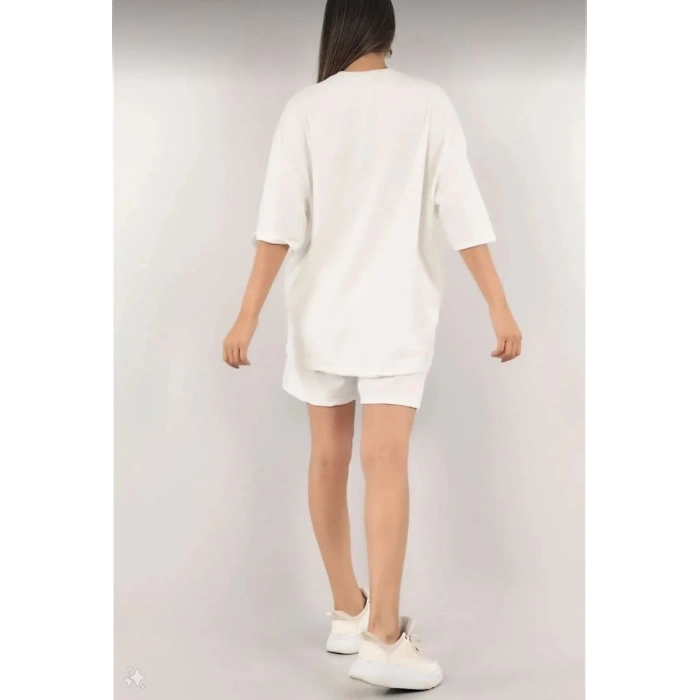 Kadın Unisex Nakış İşlemeli Şort Takım - Beyaz