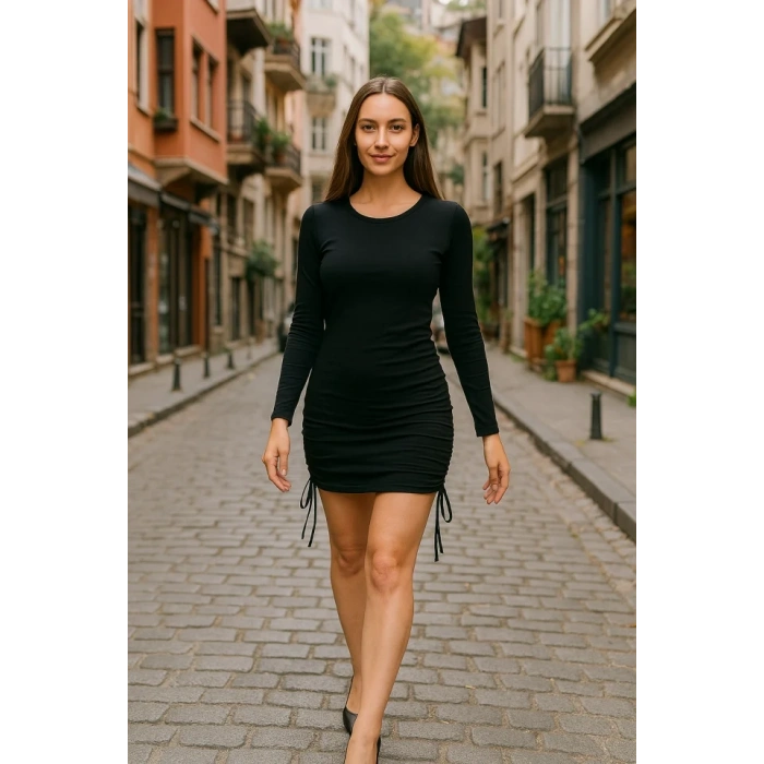 Kadın Uzun Kol Büzgü Detaylı Sandy Kumaş Ayarlanabilir Boy Fırsat Ürün Elbise