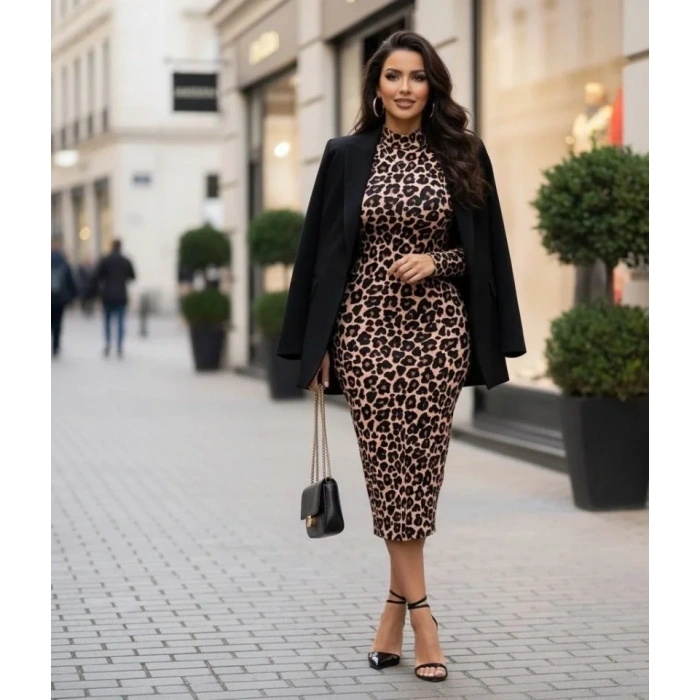 Kadın Uzun Kollu Balıkçı Yaka Leopar Desenli Midi Boy Elbise