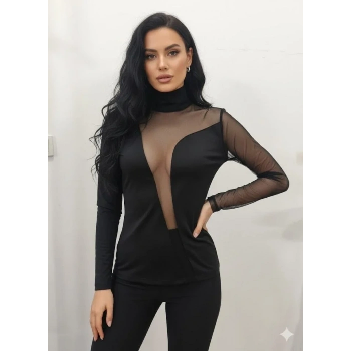 Kadın Uzun Kollu Balıkçı Yaka önü Asimetrik Transparan Detay Bluz