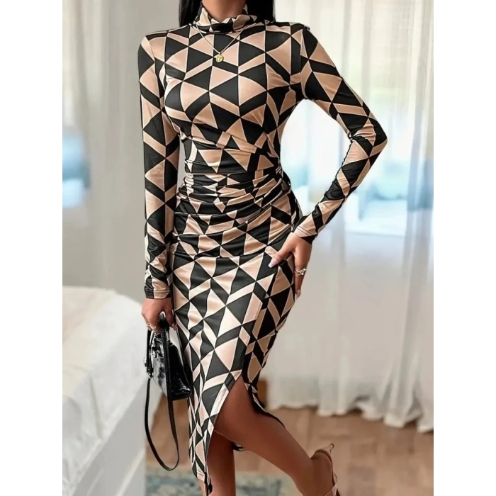 Kadın Uzun Kollu Balıkçı Yaka Yandan Büzgülü Yırtmaçlı Modal Midi Elbise