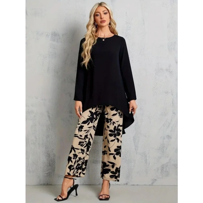 Kadın Uzun Kollu Bisiklet Yaka Asimetrik Kesim Detaylı Viskon Bluz Ve çiçek Desenli Iki Iplik Pantolon