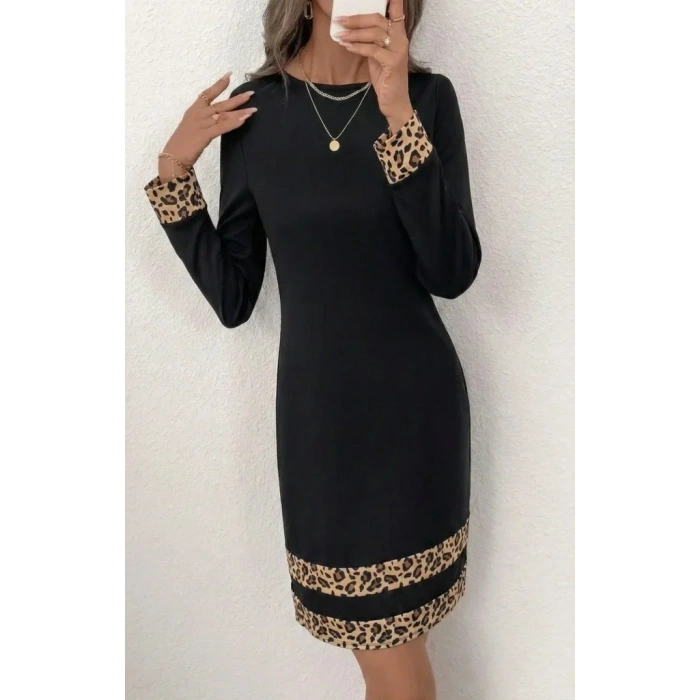 Kadın Uzun Kollu Bisiklet Yaka Mini Ithal Krep Elbise