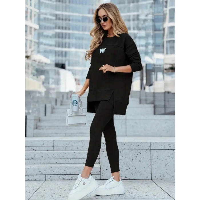 Kadın Uzun Kollu Bisiklet Yaka Nervurlu Viskon Iki Iplik Ve Tayt Pantolon Ikili Takım