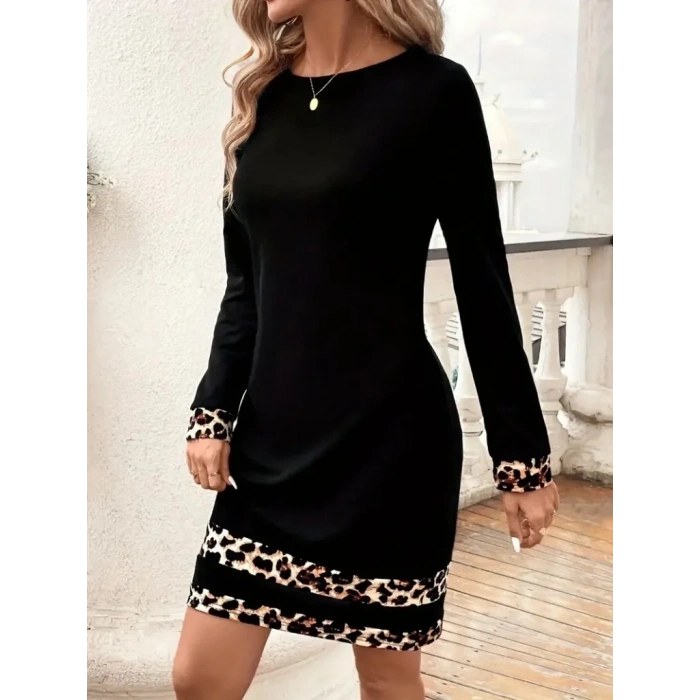 Kadın Uzun Kollu Bisiklet Yaka şerit Leopar Desenli Kısa Dalgıç Elbise