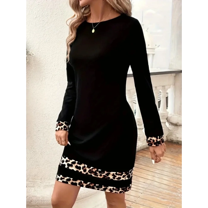 Kadın Uzun Kollu Bisiklet Yaka şerit Leopar Desenli Kısa Dalgıç Elbise